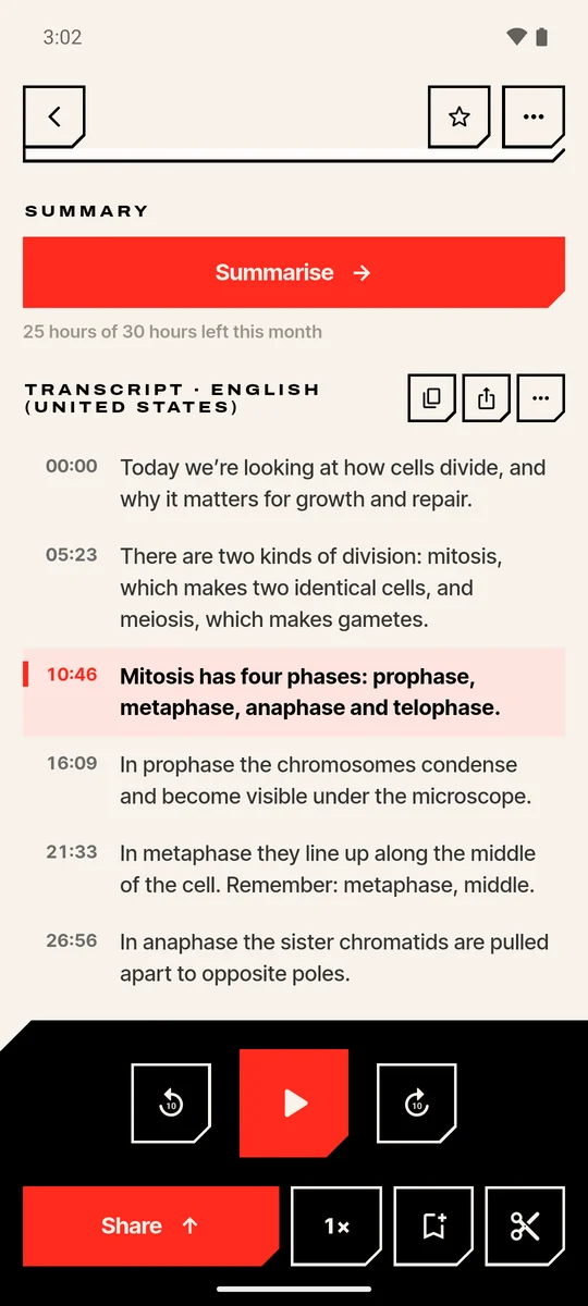 Voice Recorder app showing a lecture transcript with timestamps